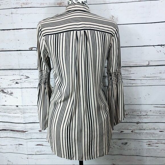 Halston Heritage Smocked Detail Bell Sleeve Striped Button Up Blouse Top XS - Picture 9 of 14